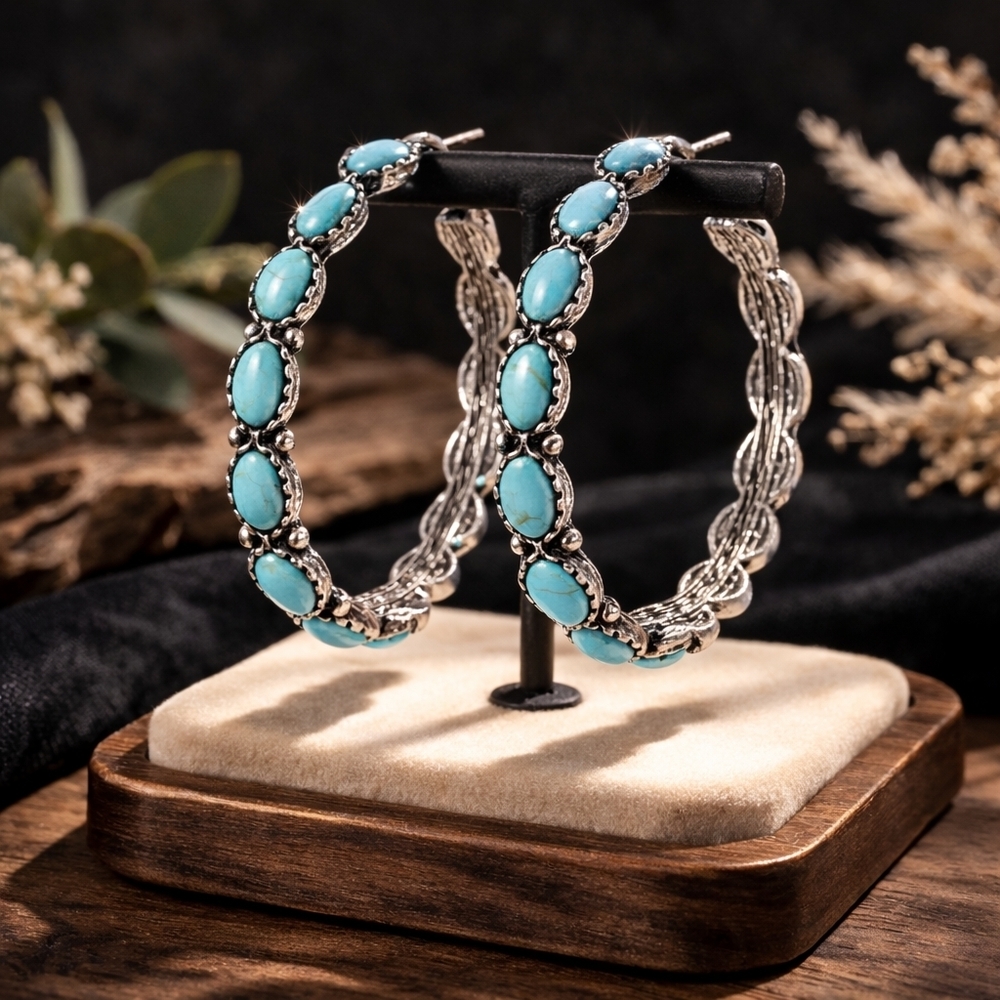 Turquoise and Silver C-hoop Earrings